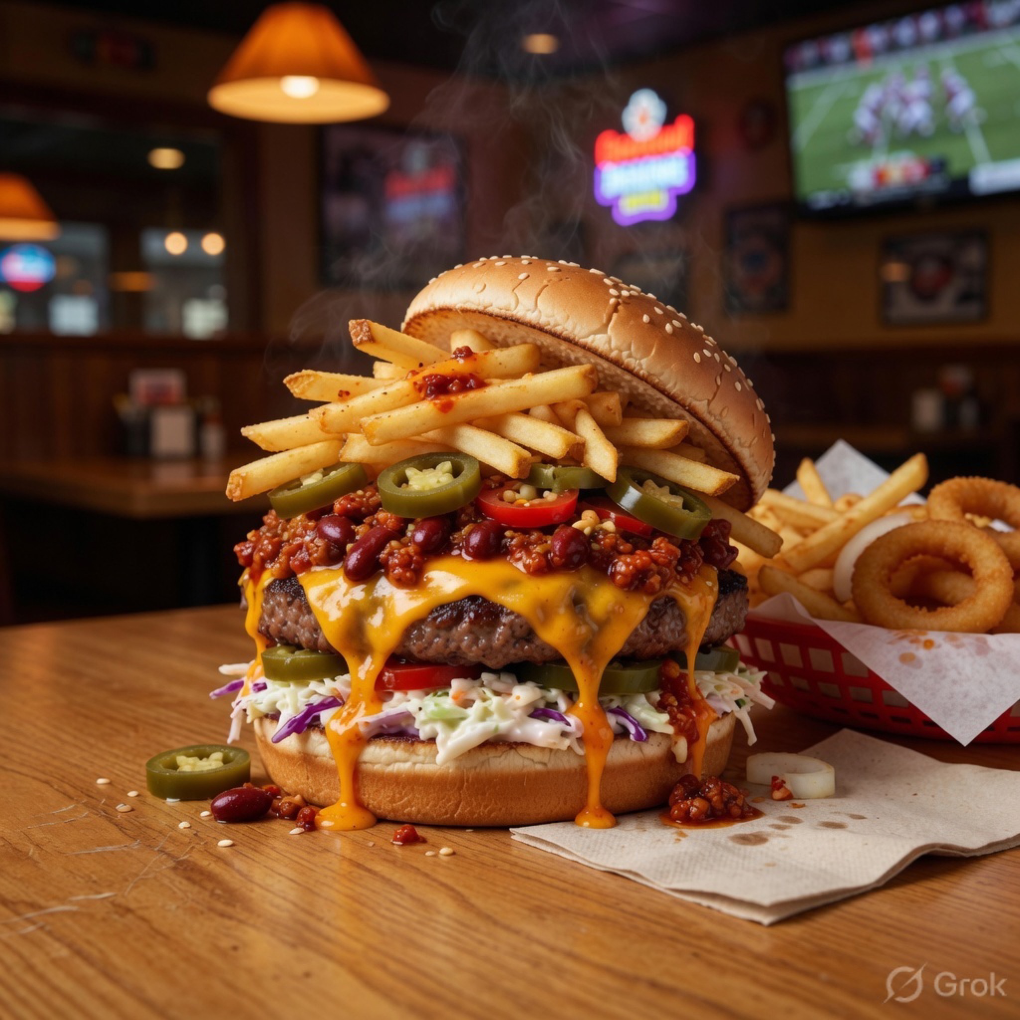 Garbage Burger on a board with chili, jalapeños, fries, and coleslaw
