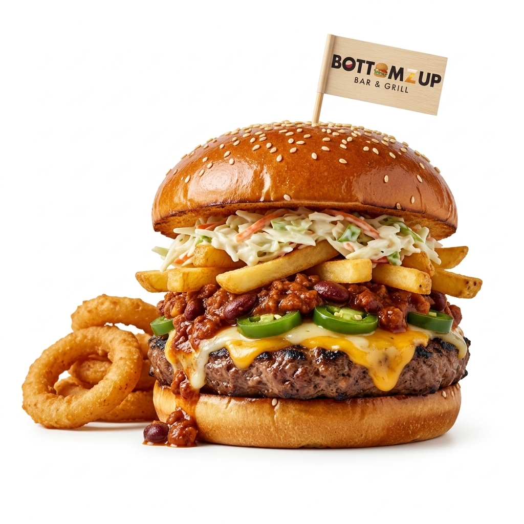 Garbage Burger loaded with chili, jalapeños, fries, and coleslaw
