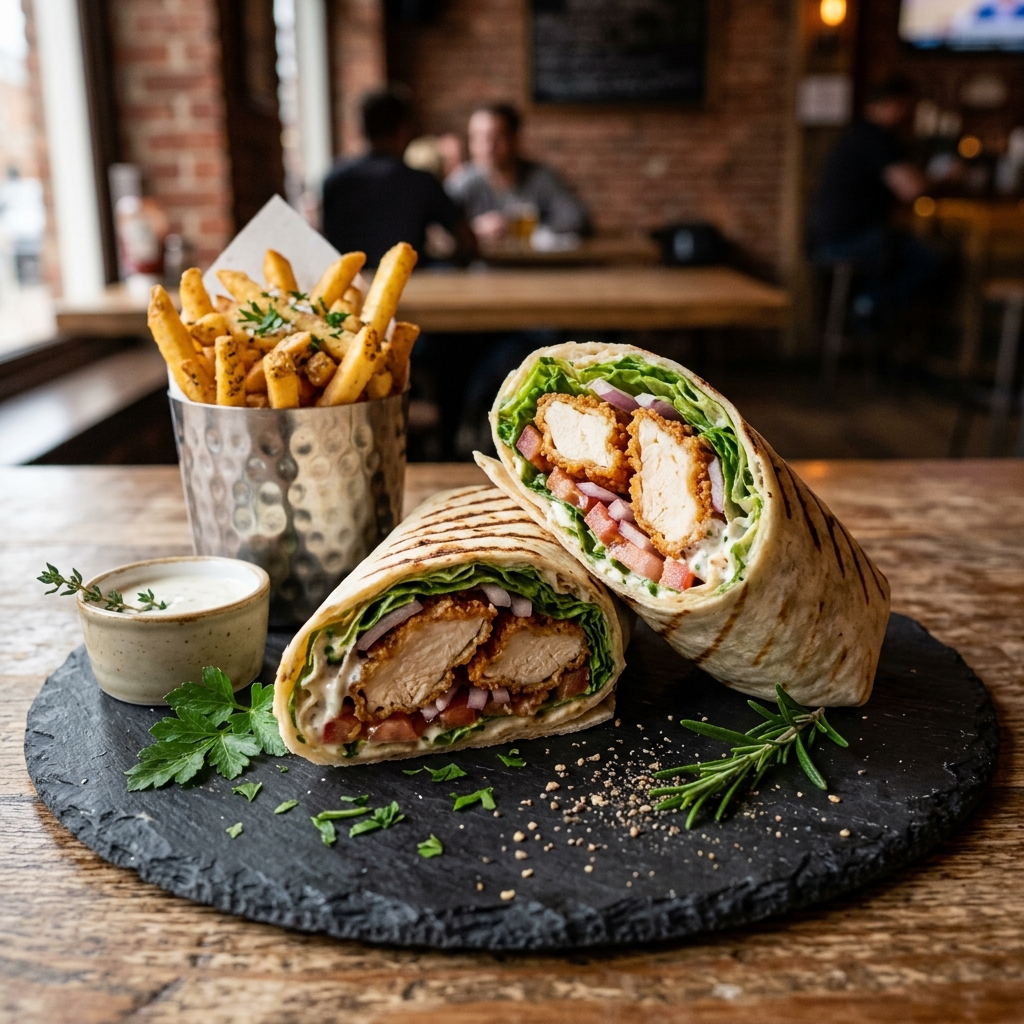 Chicken Wrap with tenders, lettuce, tomato, and fries