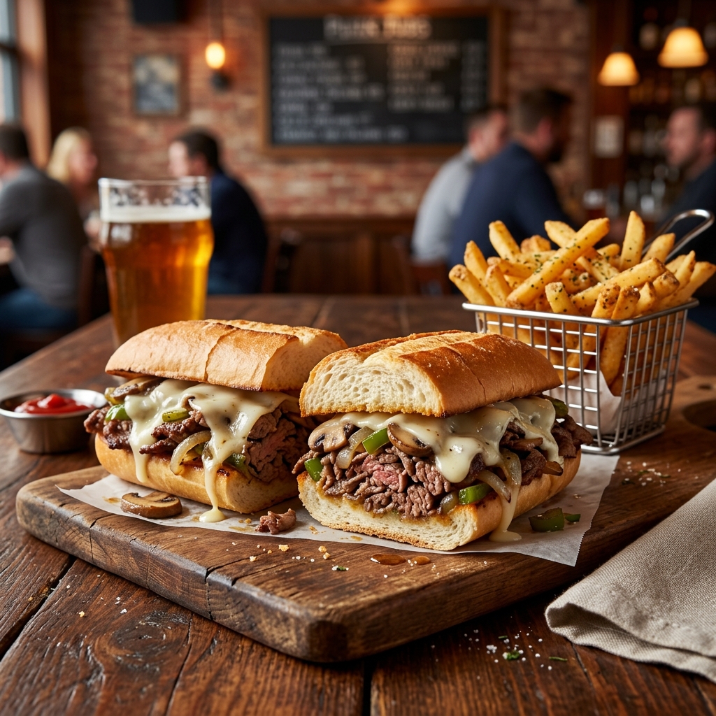 Philly Cheesesteak on French roll with fries